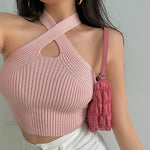 Load image into Gallery viewer, Sexy Cross Vest Crop Tops Women Sports T-shirt Knitted Off Shoulder V-Neck Solid Backless Tank Vest Halter y2k Top Camisole 2022  Amaijoin
