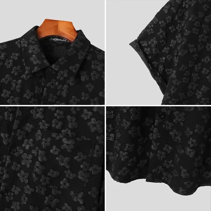 INCERUN Men Shirt Flower Jacquard Loose Korean Style Lapel Short Sleeve Men Clothing Streetwear 2024 Fashion Casual Shirts S-5XL  Amaijoin