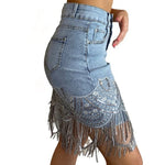 Load image into Gallery viewer, 2023 Woman Sleek Sexy Flap Pockets Sequin Fringed Mesh Hem Skinny Denim Skirt  Amaijoin
