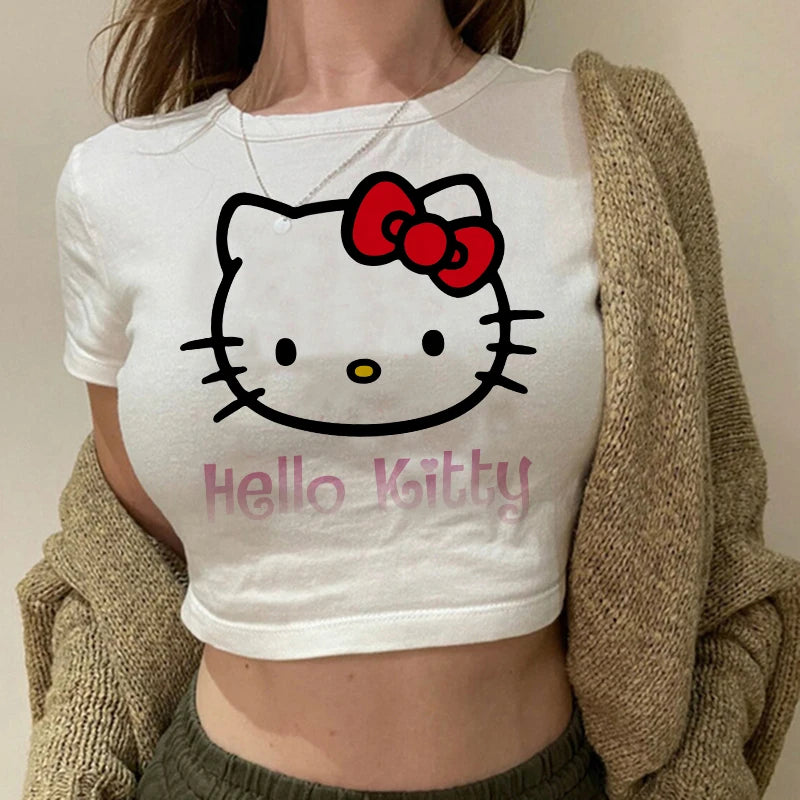 Tshirt Crop Top Hello Kitty T-shirt Kawaii T Shirt Sanrio Anime Cartoon Children Casual Clothes Y2k Cropped Tee Shirt Top  Amaijoin