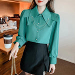 Carregue a imagem no visualizador da Galeria, Doll Pointed Neck Turn Down Collar Bubble Long Sleeve Loose Top Chain Casual Shirt And Blouses OL Woman French Elegant 2024Trend  Amaijoin
