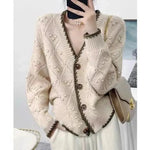 Carregue a imagem no visualizador da Galeria, Chic jacquard 100% cashmere knit cardigan Women&#39;s autumn/winter lazy V-neck sweater Loose wool coat  Amaijoin
