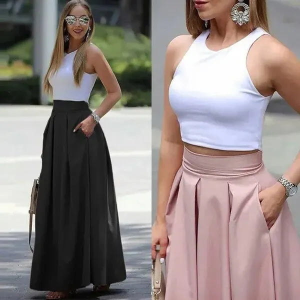 2022 European American Trade Wish Cross-border Solid Color High-waisted Skirt Long Dress Pleats  Amaijoin