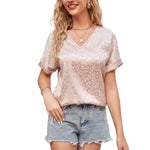 Load image into Gallery viewer, Summer V-Neck Short Sleeve T-shirt Leopard Print Smooth Satin Pullover Blouse Women Casual Tops Streetwear  Amaijoin
