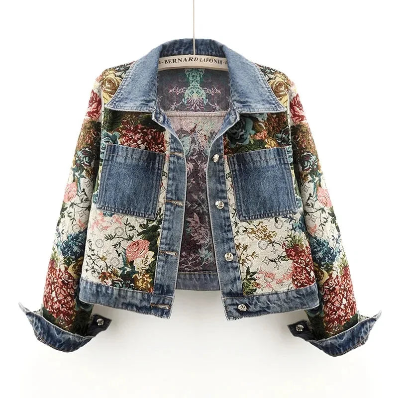 2024 Spring Autumn New Print Denim Jacket Splicing Long Sleeve Lapel Pocket Denim Tops Women's Short Jacket Fashion Cowgirl Coat  Amaijoin