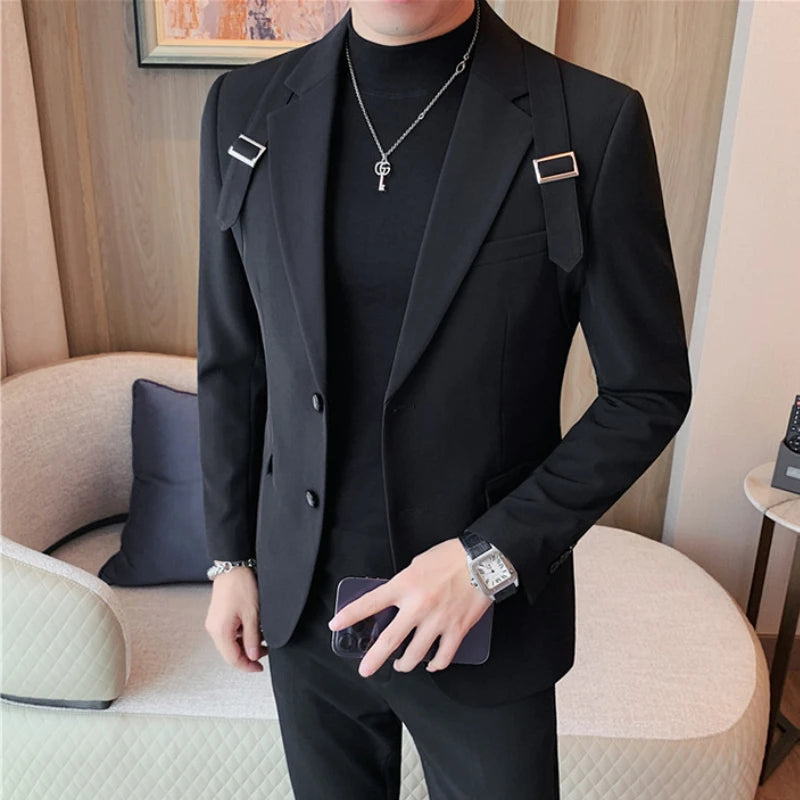 Brand Autumn Winter Strap Decoration Suit Jacket for Men Slim Fit Casual Business Blazers Fashion Wedding Groom Social Coat 2023  Amaijoin