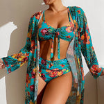 Carregue a imagem no visualizador da Galeria, Bikini 2024 Women 11 Colors Sexy High Waist Bikini 3 Pieces Floral Print Swimsuit With Mesh Long-Sleeved Blouse Brazilia 3Piece  Amaijoin
