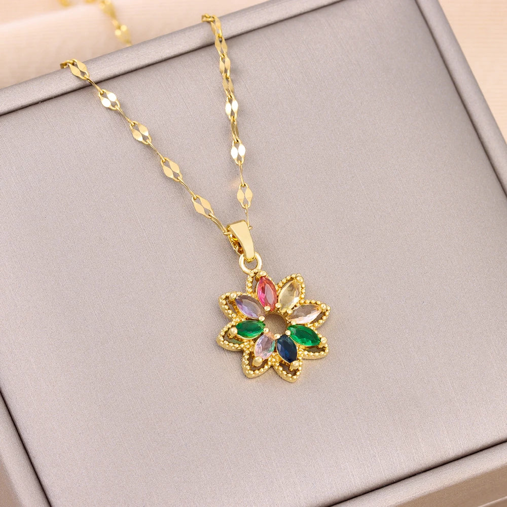 New In Fashion 7 Colors Zircon Crystal Flower Pendant Necklaces For Women Trendy Female Stainless Steel Chain Ladies Accessories  Amaijoin