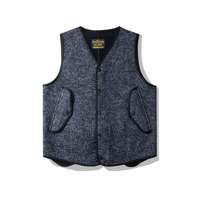 Winter Fashion Men's High Quality Woollen Vest British Style Pockets Patchwork Sleeveless V-neck Fleece Warm Waistcoat Tops Male  Amaijoin