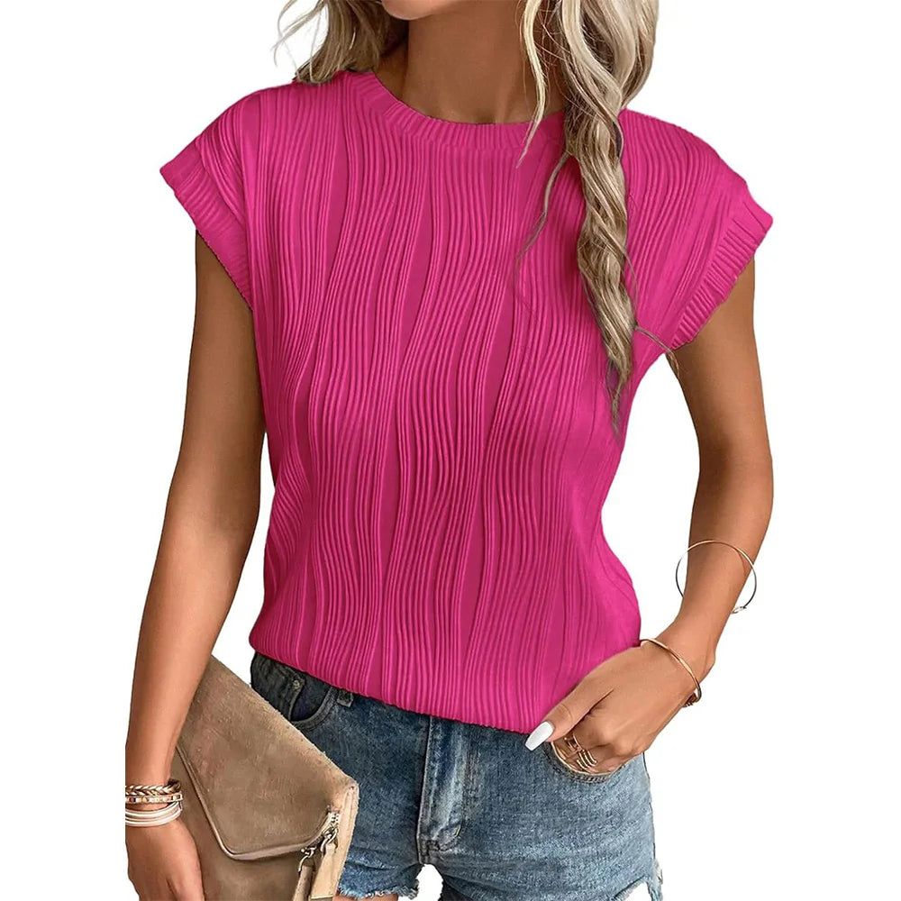 Womens Short Sleeve Textured Tops Crewneck Knit Solid Loose Casual Basic T Shirts Tee Blouses  Amaijoin