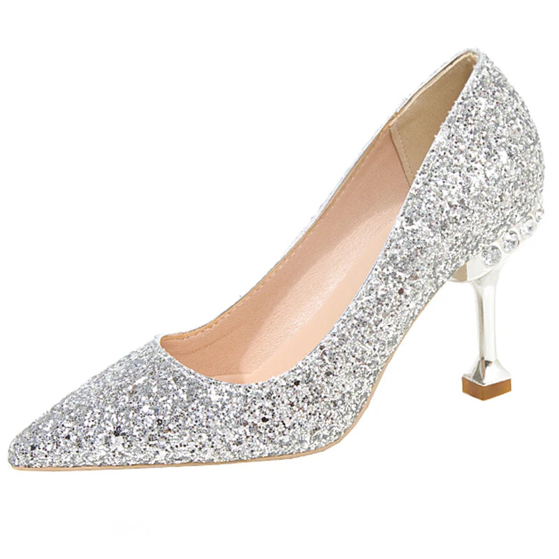 Lucyever Gold Silver Sequins Women Pumps 2022 Luxury Crystal High Heel Party Wedding Shoes Woman Elegant Pointed Toe Pumps Mujer  Amaijoin