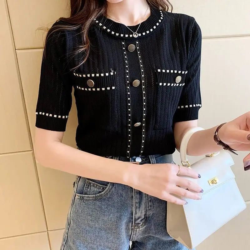 2023 Summer New French GentleIce Silk Round Neck Short Sleeve T-shirt Women's Solid Button Small Fragrant Wind Knitted Slim Top  Amaijoin