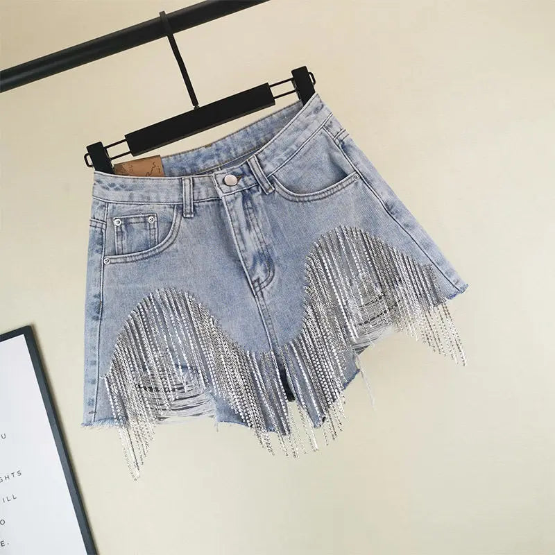 Summer Ripped Jeans Short Femme High Waist Diamond Tassel Y2k Casual Bottoms For Ladies Denim Shorts Women Clothing Fashion  Amaijoin