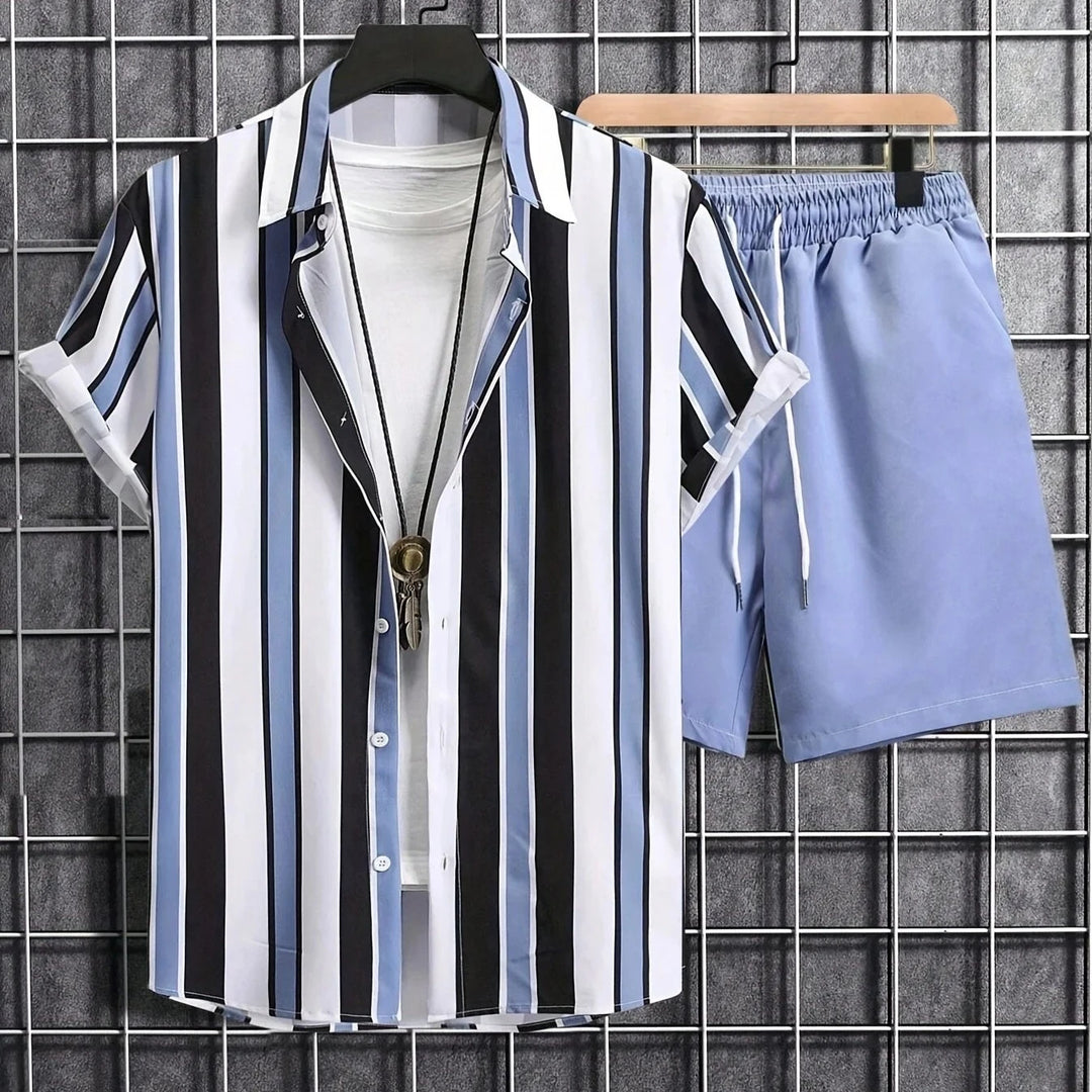 Summer Men Women Shirt Sets 3D Print Retro Stripes Short Sleeve Casual Shirt Oversized Beach Shorts Hawaiian Man Suits Clothing  Amaijoin