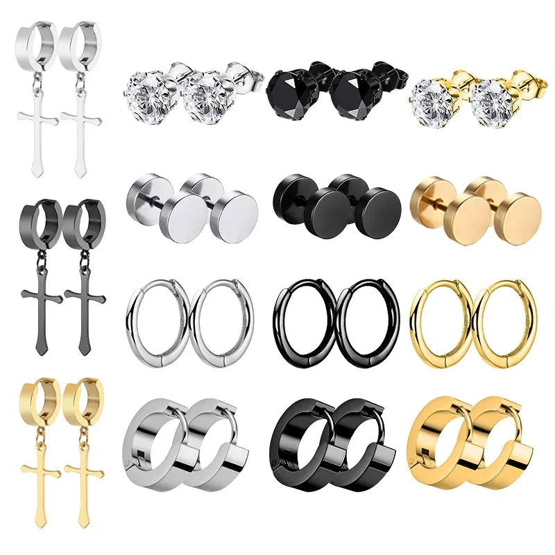 1 Pairs Punk Multiple Stainless Steel Stud Earrings Men Women Gothic Cross Round Street Pop Hip Hop Ear Stud Piercing Jewelry  Amaijoin