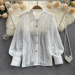 Carregue a imagem no visualizador da Galeria, Women&#39;s Korean Style Loose Lace Hollow Shirt Top Polo Collar Single Breasted Long Sleeve Shirt 2024 Spring/Summer Sweet Clothing  Amaijoin
