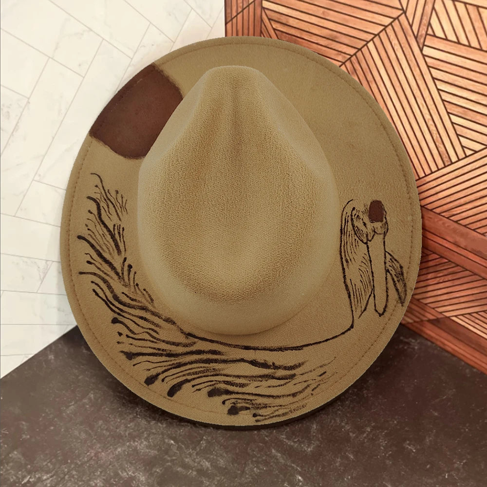 Hand-painted Fedora Hat Men's and Women's Hat Panama Spring Autumn Fashion with Wrapped Feather Wool Fedora Hat Big Brim  Amaijoin