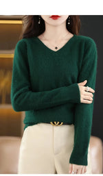 Carregue a imagem no visualizador da Galeria, Women&#39;s Flat V-neck Mink Cashmere Sweater New Autumn/winter 2023 Knitted Loose Pullover Commuter Basic Knit Top  Amaijoin
