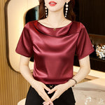 Load image into Gallery viewer, Satin Women Blouse T-shirt Skew Collar Blouses Summer Short Sleeve Womens Tops Solid Elegant Women Clothing OL Shirts for Women  Amaijoin
