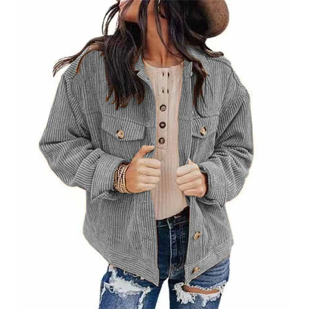 Women's Autumn And Winter Loose Corduroy Lapel Double Pockets Long-Sleeved Shirt Jacket  Amaijoin