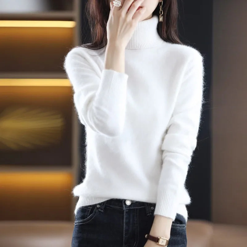 Autumn And Winter New 100% Mink Cashmere Sweater 2023 Women's High Neck Knitted Pullover Loose Korean Fashion Warm Women's Top  Amaijoin