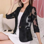 Carregue a imagem no visualizador da Galeria, Women Blazer Jacket Spring Summer New Thin Cardigan Sun Protection Clothing Hollow Lace Three-quarter Sleeve Suit Top Ladies  Amaijoin
