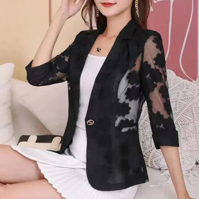 Women Blazer Jacket Spring Summer New Thin Cardigan Sun Protection Clothing Hollow Lace Three-quarter Sleeve Suit Top Ladies  Amaijoin