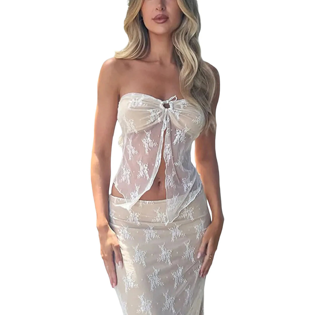 Women Y2K Lace Sheer Tank Top Summer Strapless Backless Vest Top Sexy See Through Bandeau Crop Top Streetwear  Amaijoin