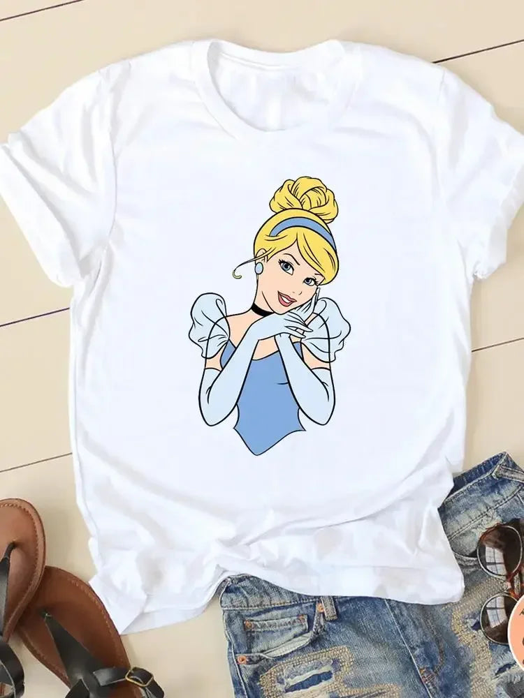 Women's T-shirt Short Sleeve Cartoon Graphic Casual Tee Clothes College 90s Style Interconnection Princess Fashion Female  Amaijoin