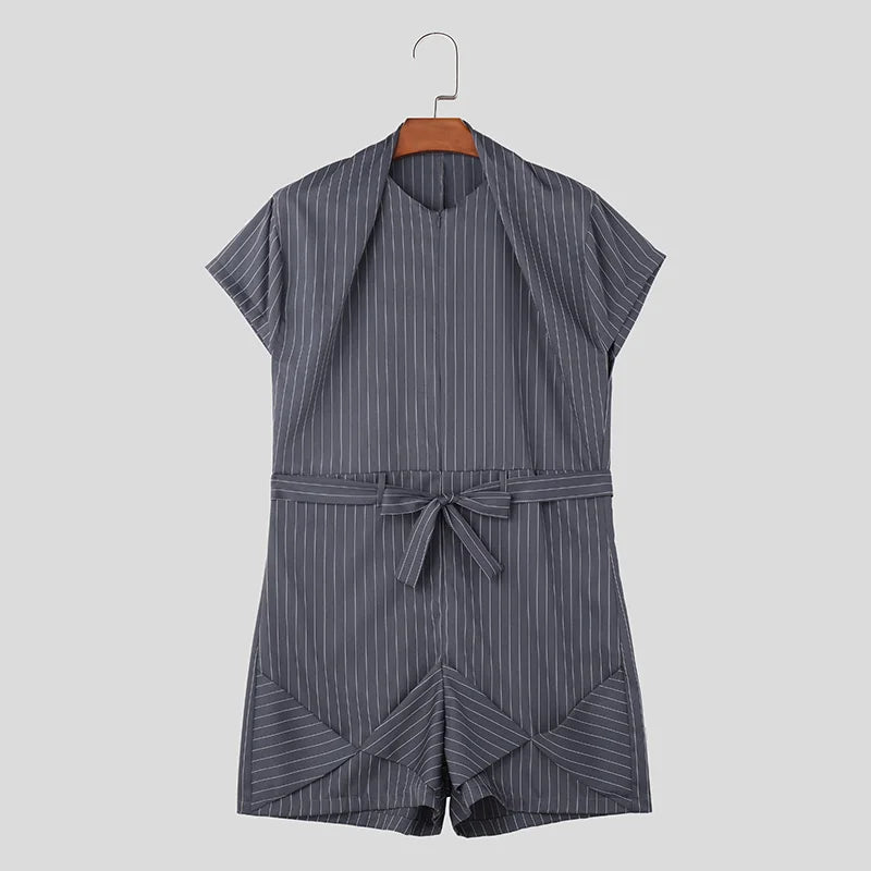 INCERUN Men Striped Rompers O-neck Short Sleeve Streetwear Summer Casual Male Shorts Jumpsuits With Belt 2024 Fashion Overalls  Amaijoin