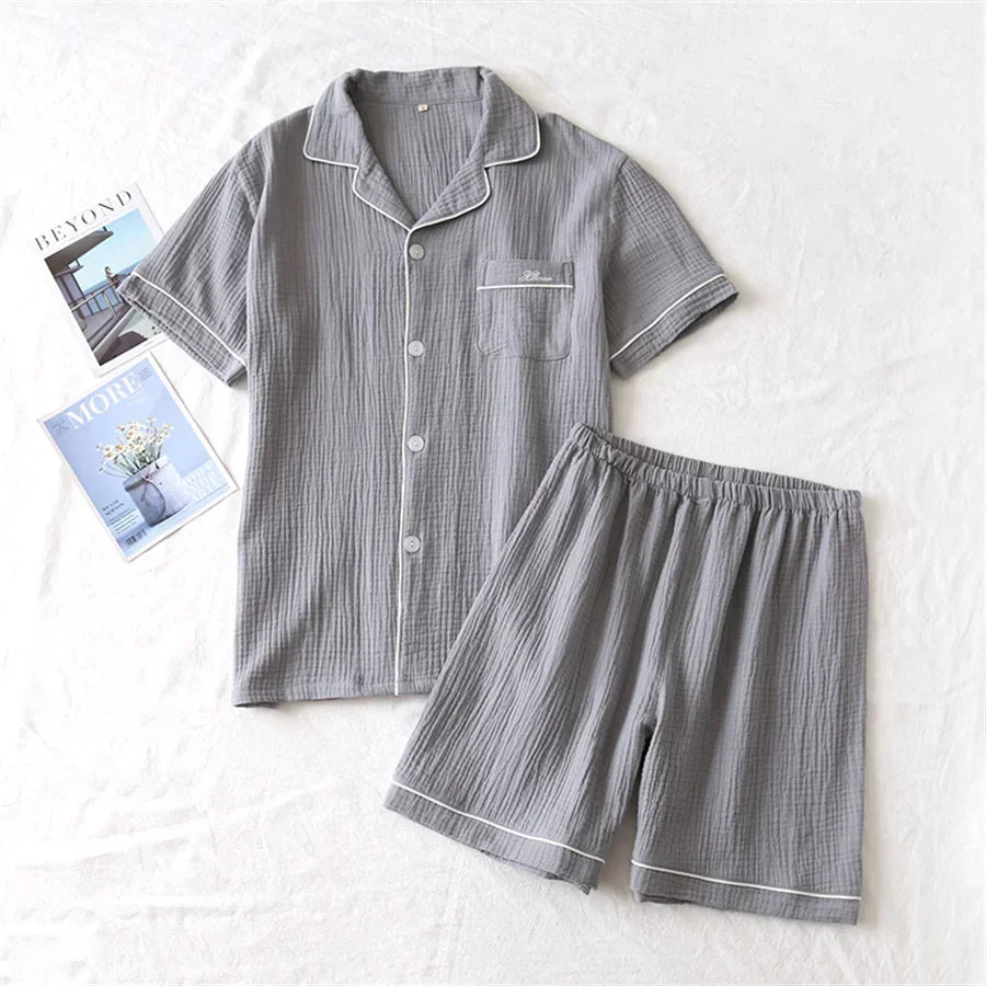 Japanese summer couple womens pajama sets solid cotton ladies sleepwear casual short-sleeved shirt shorts pajamas Men Homewear  Amaijoin