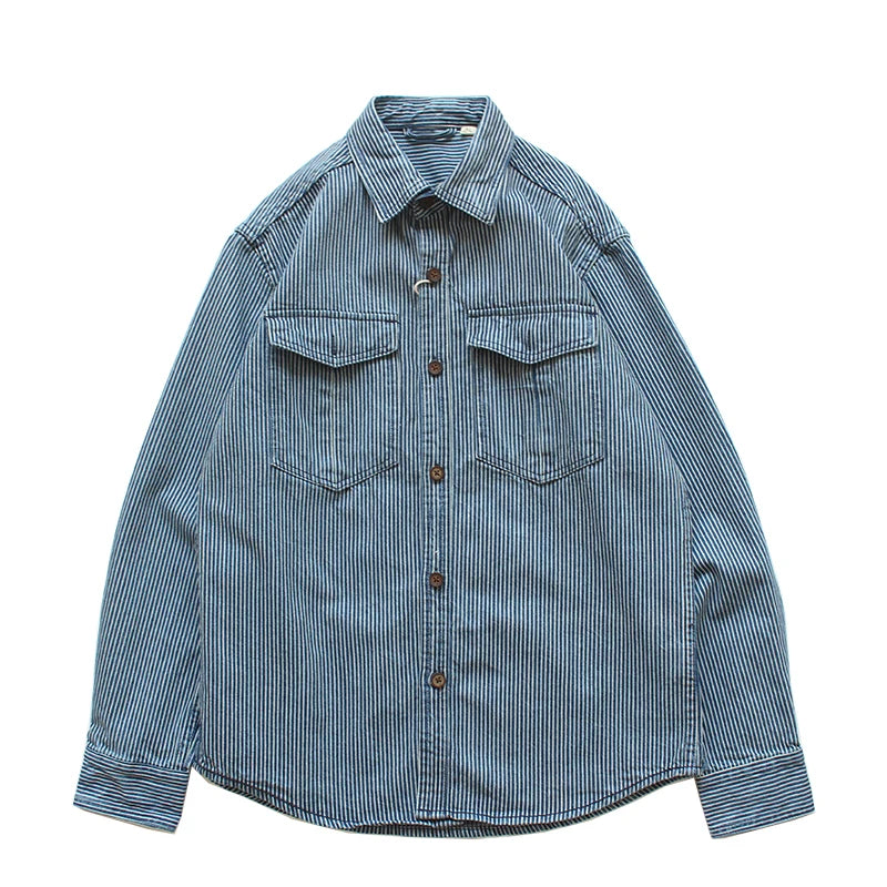 Retro Vertical Striped Denim Men Shirts Heavyweight Thicken Washed Cotton Jeans Tops Spring Casual Long Sleeve Workwear Jackets  Amaijoin