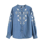 Carregue a imagem no visualizador da Galeria, Streetwear 2024 New Floral embroidery shirt for women Denim blouse High quality O-neck Long Puff sleeve tops Autumn INKEO 4T058  Amaijoin
