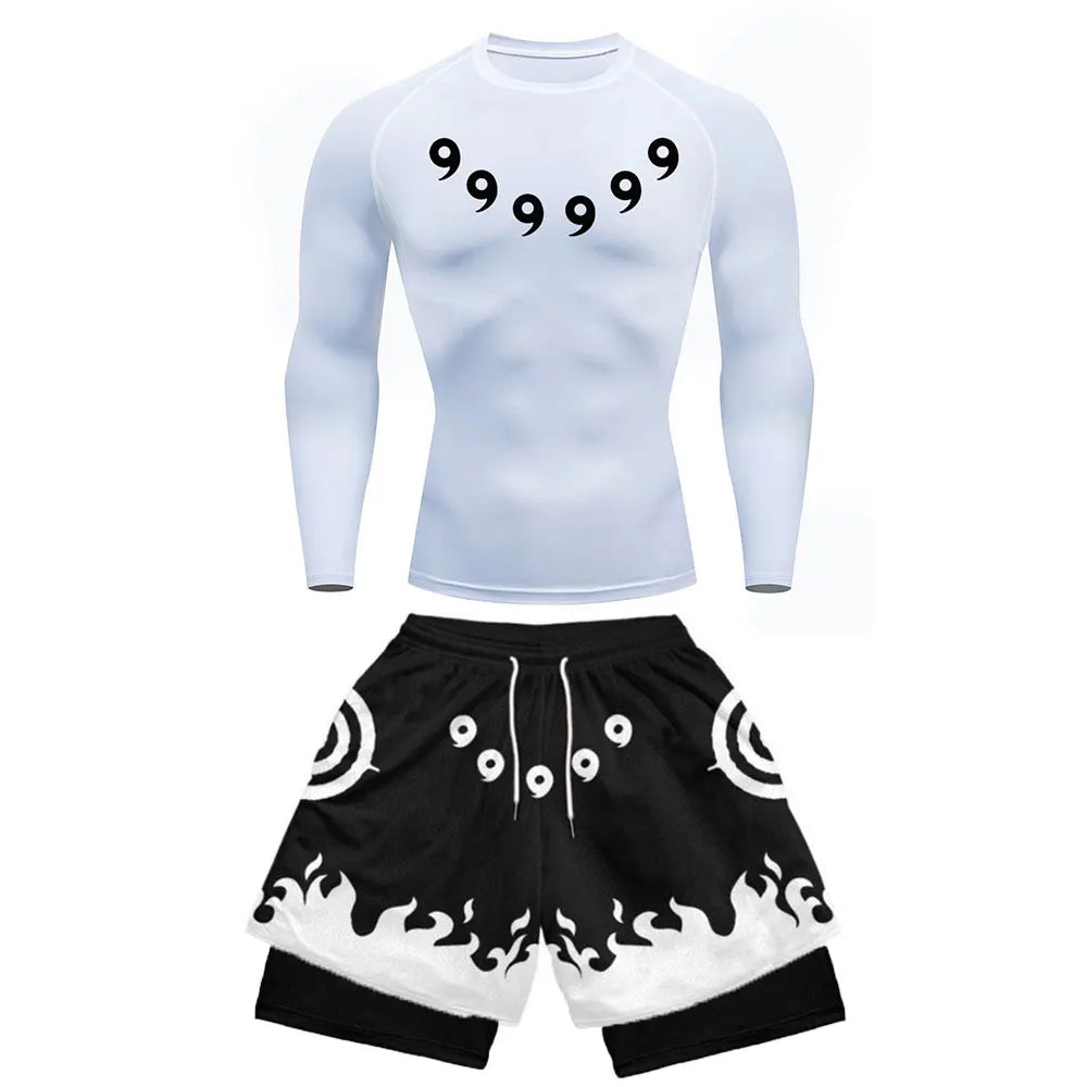 Men's Workout Compression Set Anime Printed Gym Tshirts Breathable Running Shorts Quick Dry Sports Rash Guard Sportwear Set  Amaijoin