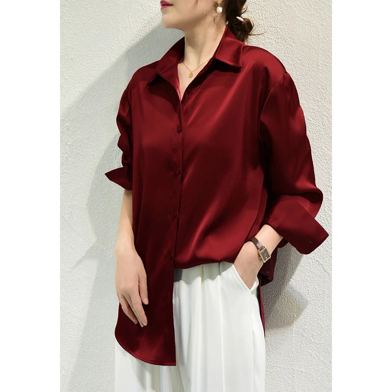 All-match Satin Finish Shirts And Blouses Women Clothing Casual Top OL Long Sleeve Button Elegant Shirts French Solid Blouses  Amaijoin