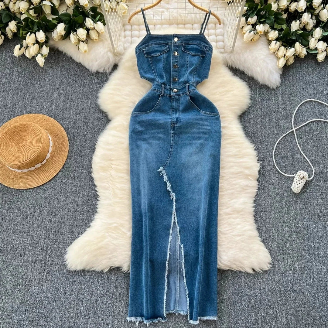 Women Summer Jeans Dresses Single Breasted Slim Waist Spaghetti Strap Taseel Split Long Denim Dress Vestidos  Amaijoin