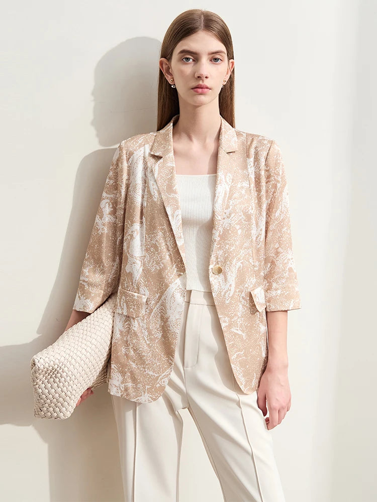 Amii Minimalism 2024 Silk Blazers Summer New Notched Printed Stretch Basics Fashion Three Quarter Women Commuter Blouse 12452146  Amaijoin