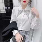 Carregue a imagem no visualizador da Galeria, Polo Shirts for Women in Spring 2024 Korean Fashion Long Sleeved Shirts with Studded Elegant Commuter Tops Blouse Women  Amaijoin
