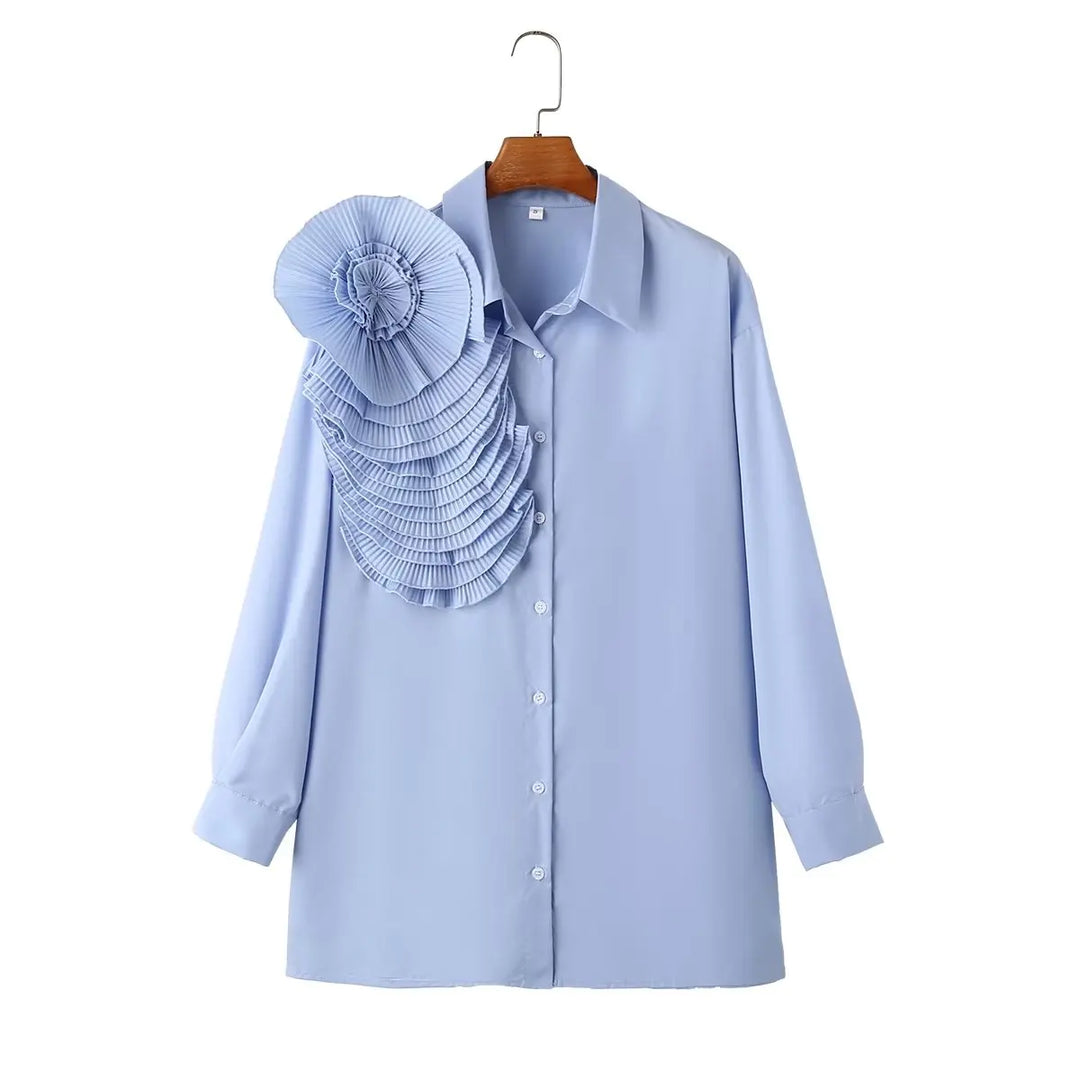 Zevity Women Fashion Pleated Large Flower Appliques Solid Smock Blouse Office Lady Buttons Shirt Chic Chemise Blusas Tops LS5639  Amaijoin