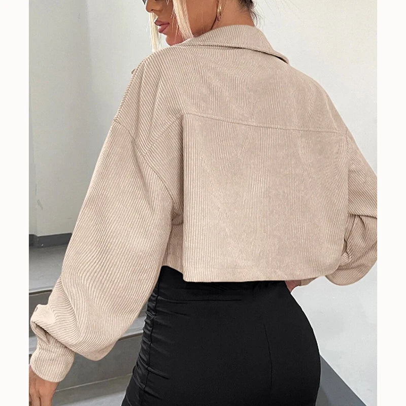 Spring Drop Shoulder Flap Detail Crop Corduroy Jacket Long Sleeve Chic Short Coats  Amaijoin