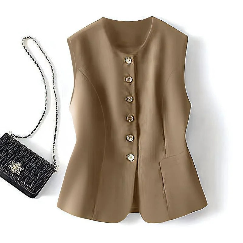 New Women Vest Coat Spring Autumn Solid Color O-Neck Single-Breasted Short Jacket Female Sleeveless Waistcoat Tops Chaleco Mujer  Amaijoin