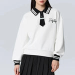 Carregue a imagem no visualizador da Galeria, Semir Sweatshirt Women Polo Collar Letter Art Winter Loose Contrasted Color Temperament Trendy Plus Velvet Pullover  Amaijoin
