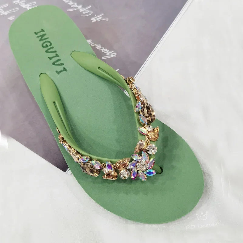 Slippers Women Glitter Flip Flops  Summer 2023 Fashion Outdoor Rhinestone Chain Wedge Beach Slippers Jelly Hawaiian Flat Sandals  Amaijoin