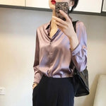 Carregue a imagem no visualizador da Galeria, Clothes Spring Tops for Women Silk Wear To Work Formal Button Up Womens Shirt &amp; Blouse Office Outfits Loose Satin Long Sleeve M  Amaijoin
