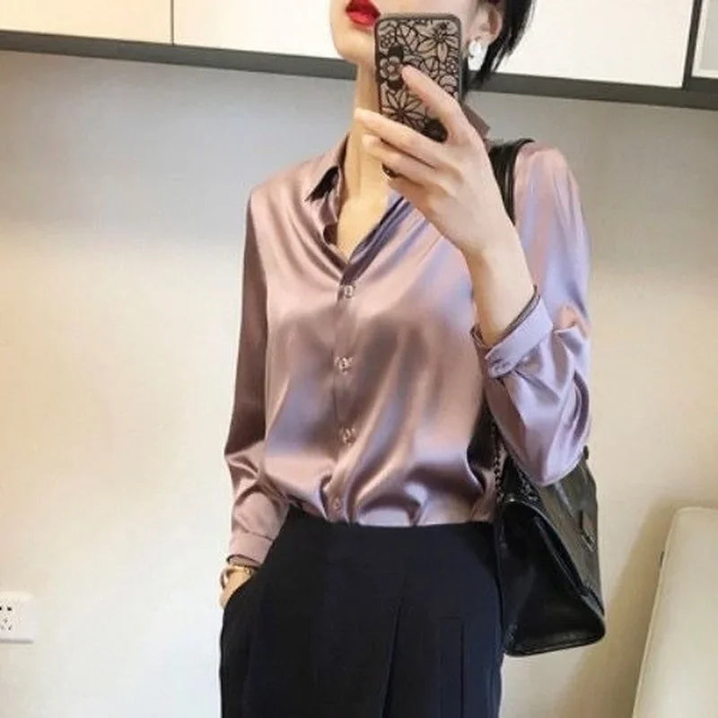 Clothes Spring Tops for Women Silk Wear To Work Formal Button Up Womens Shirt & Blouse Office Outfits Loose Satin Long Sleeve M  Amaijoin