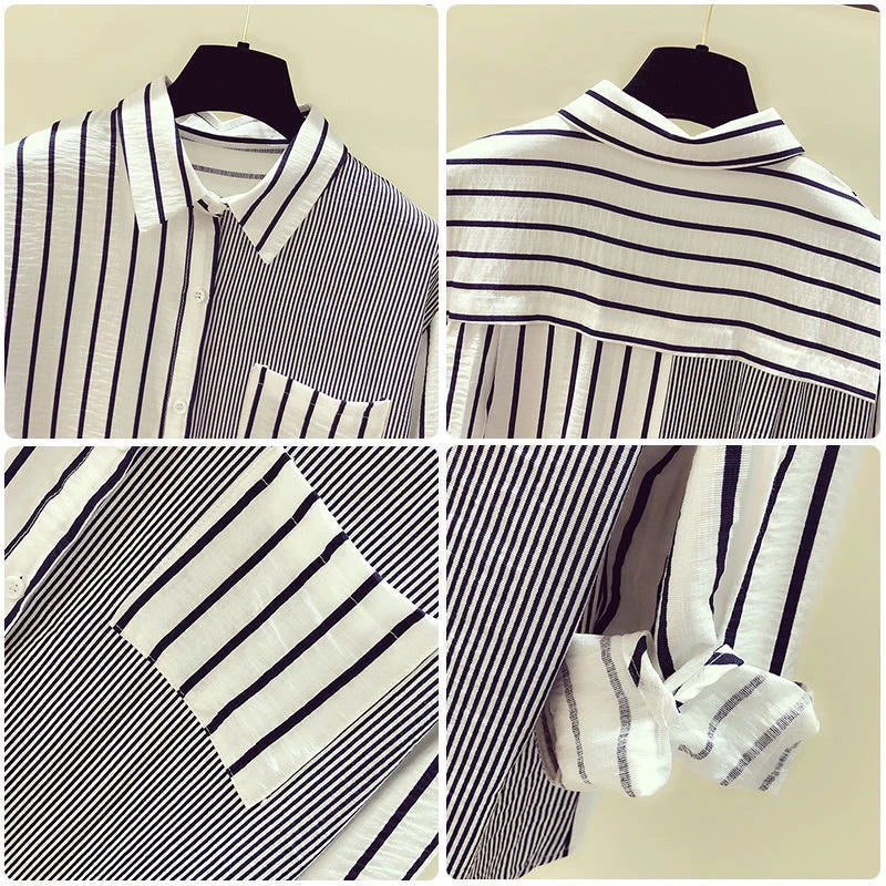 2024 Korean Loose Casual Women's Shirt Summer Thin Trendy Striped Patchwork Pocket Office Lady Shirt Sweet Women's Top Blouses  Amaijoin