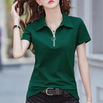 Carregue a imagem no visualizador da Galeria, New 2024 Summer Women T Shirt Cotton Elegant Style Zipper Neck Fashion Office Lady Top Short Sleeve Polo For Women  Amaijoin
