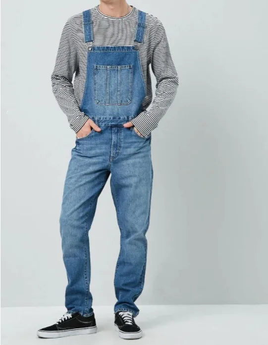 Men Casual Pocket Button Stitching Spaghetti Strap Jeans Autumn Vintage Jeans Jumpsuits Men Washed Straight-Leg Denim Jumpsuits  Amaijoin