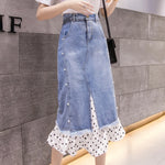 Carregue a imagem no visualizador da Galeria, Irregular Jean Skirts Women High Waist Ripped Beaded Denim Skirt Female 2024 New Straight Midi Skirts Zipper Fly Pocket Saias  Amaijoin
