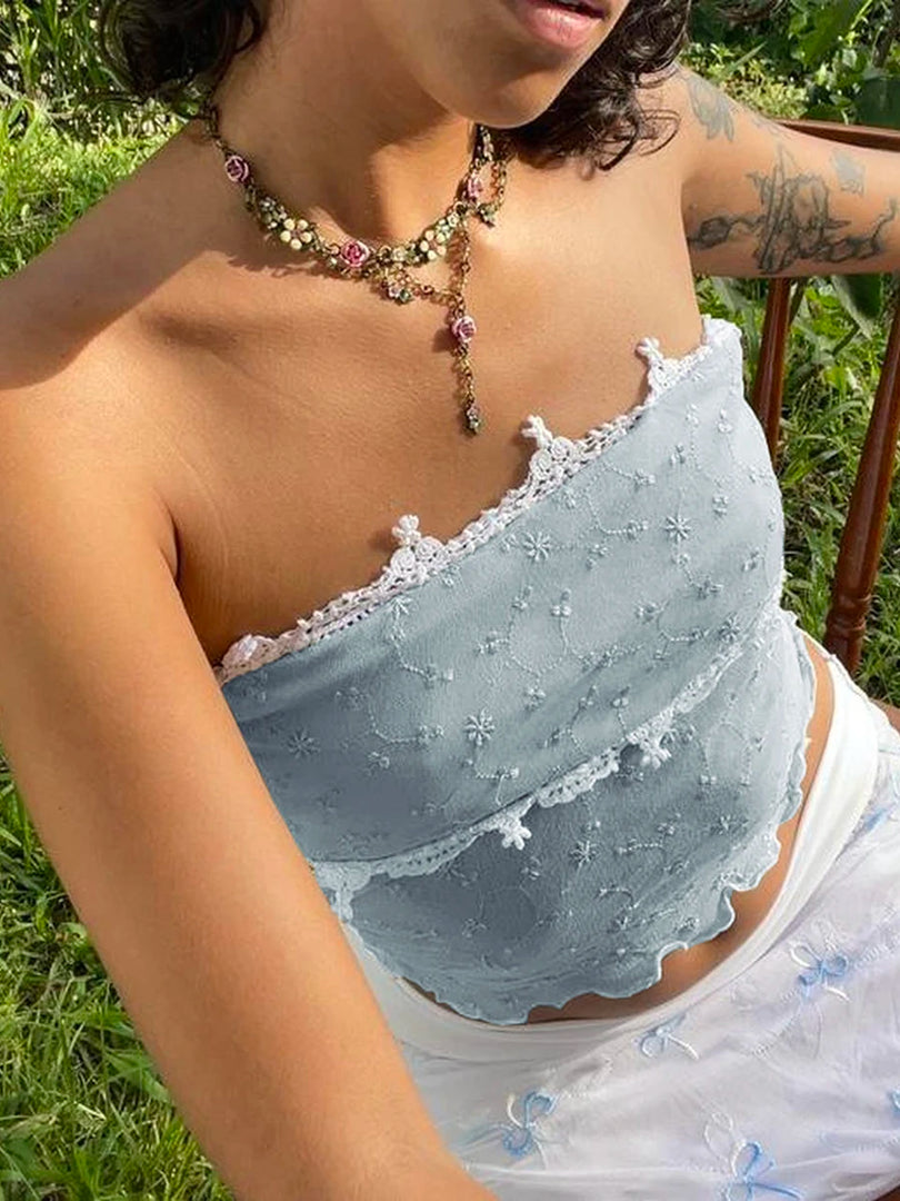 Women Mesh Tube Tops Y2k Strapless Embroidery Lace Patchwork Bandeau Crop Tops Going Out Streetwear  Amaijoin